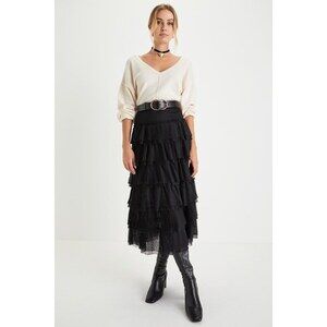 Lulus Chic Cutie Black Tulle Swiss Dot Tiered Midi Skirt - Size S
